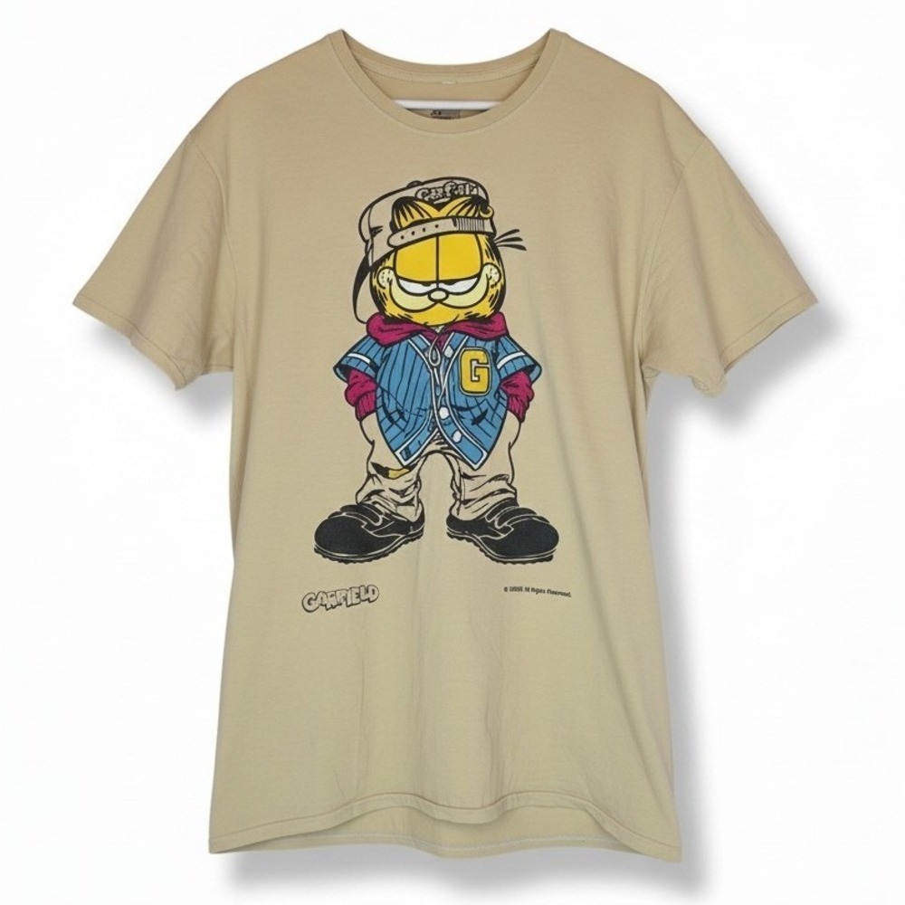 GARFIELD Men Graphic T-Shirt Sz Medium Yellow Cotton Double Sided Streetwear 90s